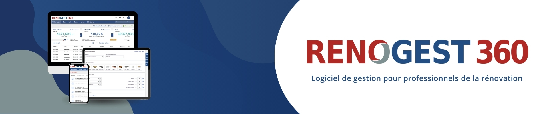 Ecrans avec logiciel RENOGEST avec logo, logiciel de gestion pour professionnels de la rénovation