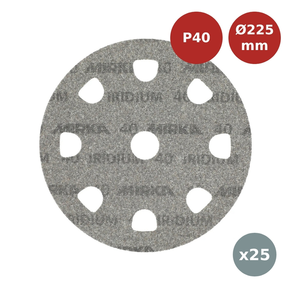 Disques abrasifs Mirka Iridium Ø225 mm Grip 9 trous Styro ITE P40 MIR02278