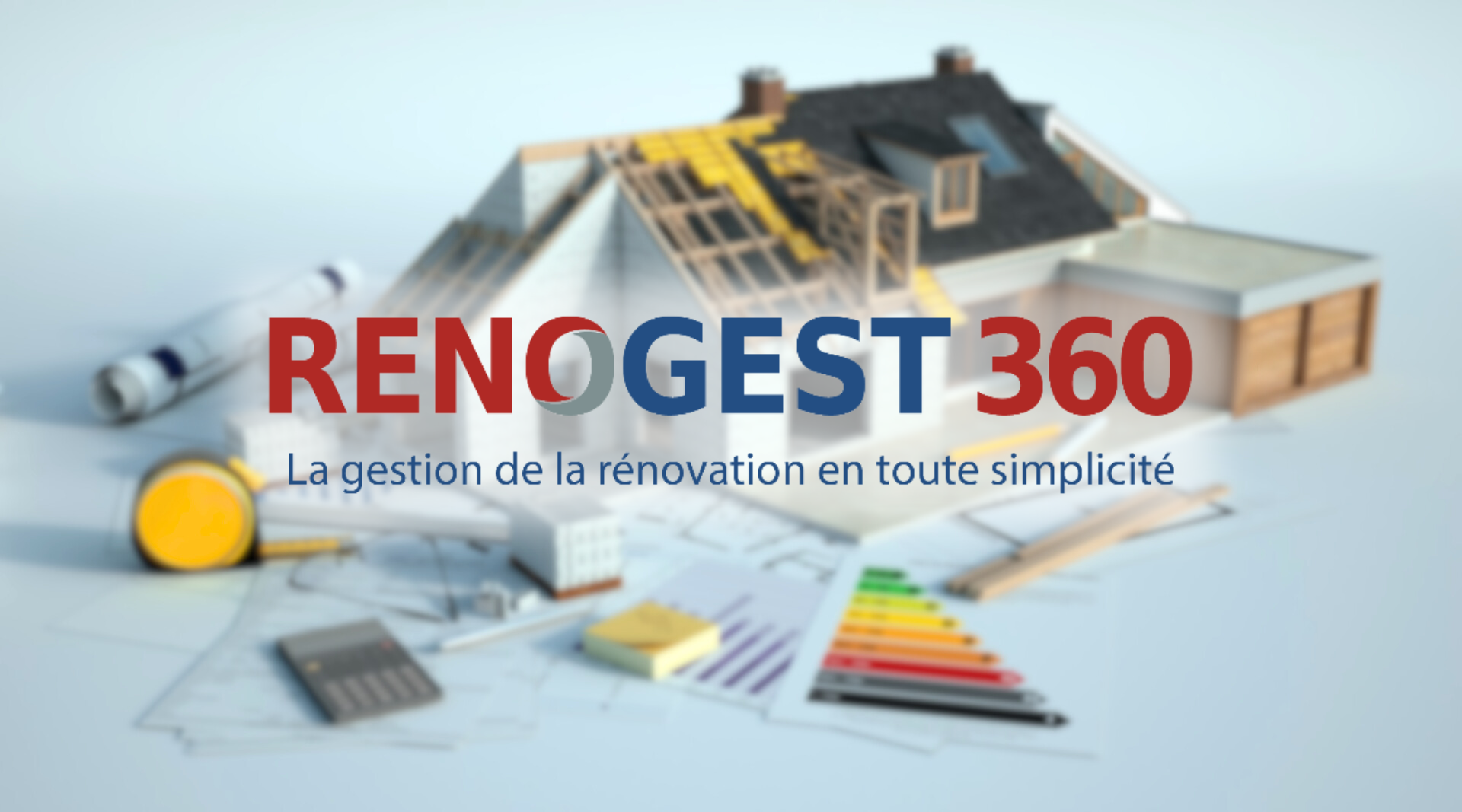 Logo RENOGEST avec fond d'image de maison en rénovation